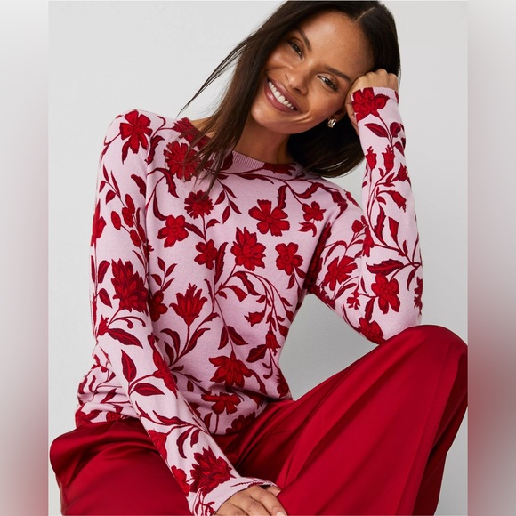 Floral Red and Pink Women's Crew Neck Sweater - Picture 3 of 3